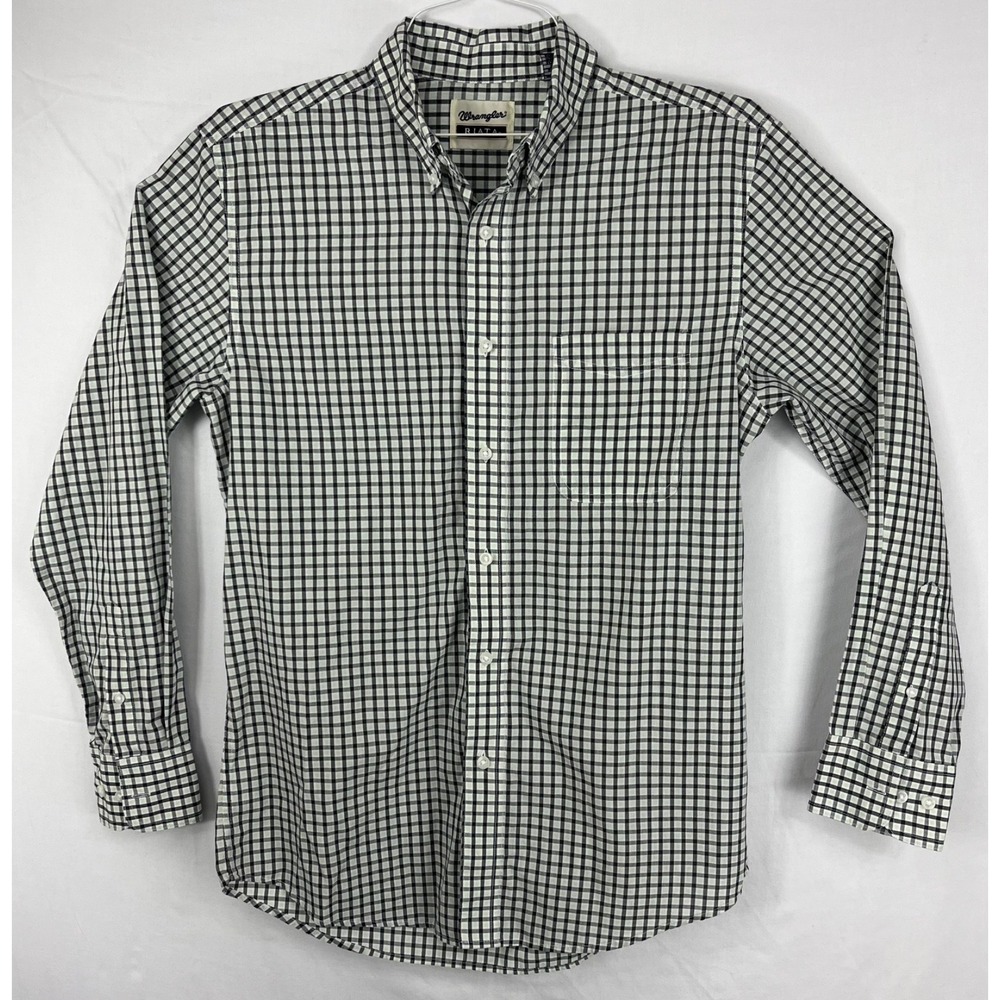 EUC Wrangler Riata Mens M Black Green Check Long Sleeve Button Down Cotton Blend